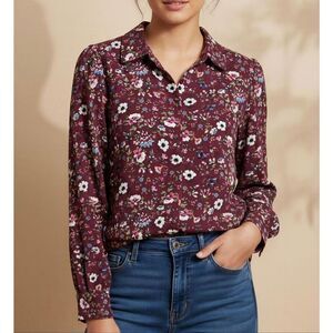Elie Tahari Wine Maroon Floral Button Down Blouse Ruched Shoulders Women's M